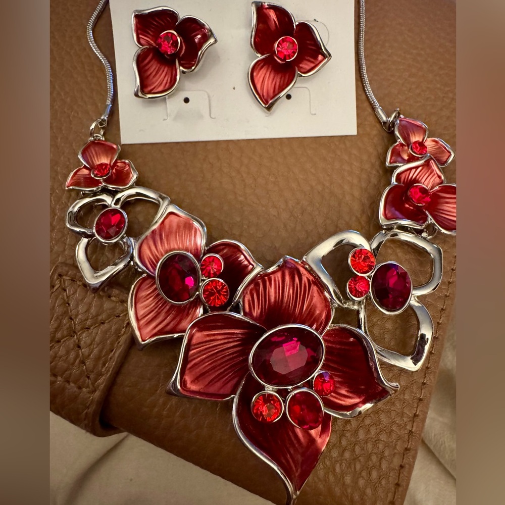 Elegant Red Floral Necklace and Earring Set